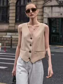 DAZY 纯色纽扣前襟马甲西装外套（不含T恤），秋季商务正装 - 卡其色 - 查看 11