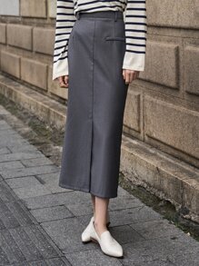 SHEIN 高腰開叉細節後拉鍊半身裙 - 深灰色 - 查看 12