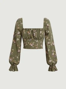 SHEIN MOD Floral Print Flounce Sleeve Ruched Bust Crop Blouse - Army Green - View 2