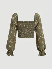 SHEIN MOD Floral Print Flounce Sleeve Ruched Bust Crop Blouse - Army Green - View 5