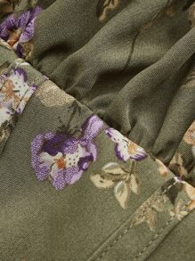 SHEIN MOD Floral Print Flounce Sleeve Ruched Bust Crop Blouse - Army Green - View 3