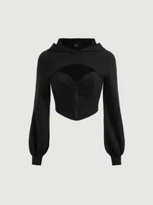 SHEIN MOD Cut Out Front Hooded Sweatshirt - Black - View 2