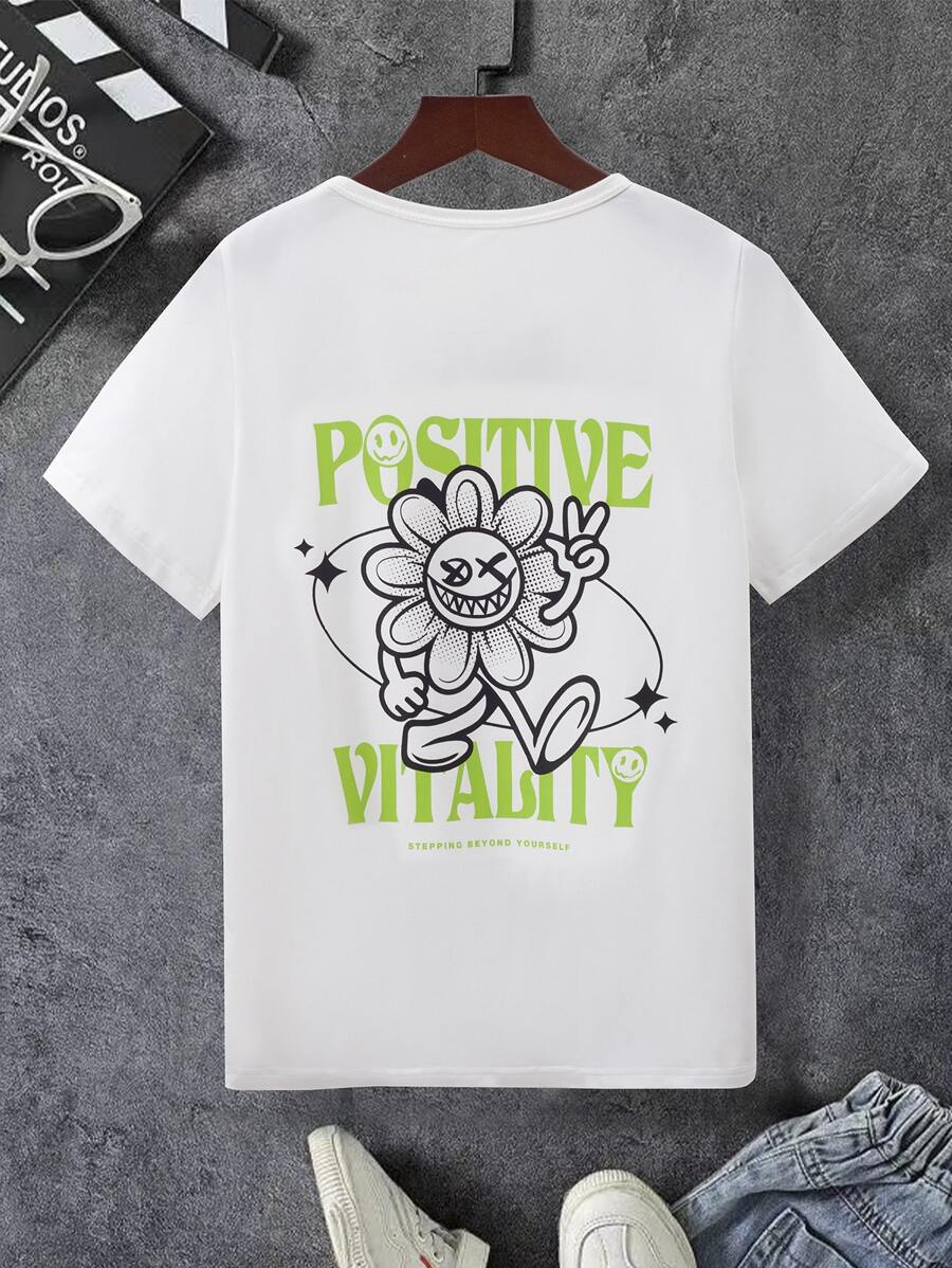 男孩卡通和標語圖案T恤 - 白色 - 查看 1