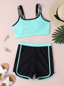 少女字母胶带撞色比基尼套装夏季海滩 - 彩色 - 查看 1