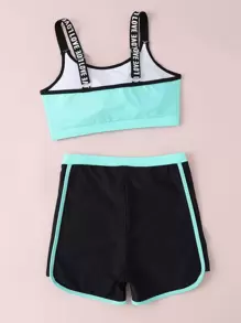 少女字母胶带撞色比基尼套装夏季海滩 - 彩色 - 查看 2