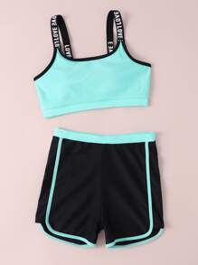 少女字母胶带撞色比基尼套装夏季海滩 - 彩色 - 查看 4