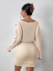 SHEIN Essnce Boat Neck Button Detail Batwing Sleeve Waffle Knit Bodycon Dress - Apricot - View 2