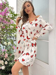 愛心圖案腰帶緞面睡裙