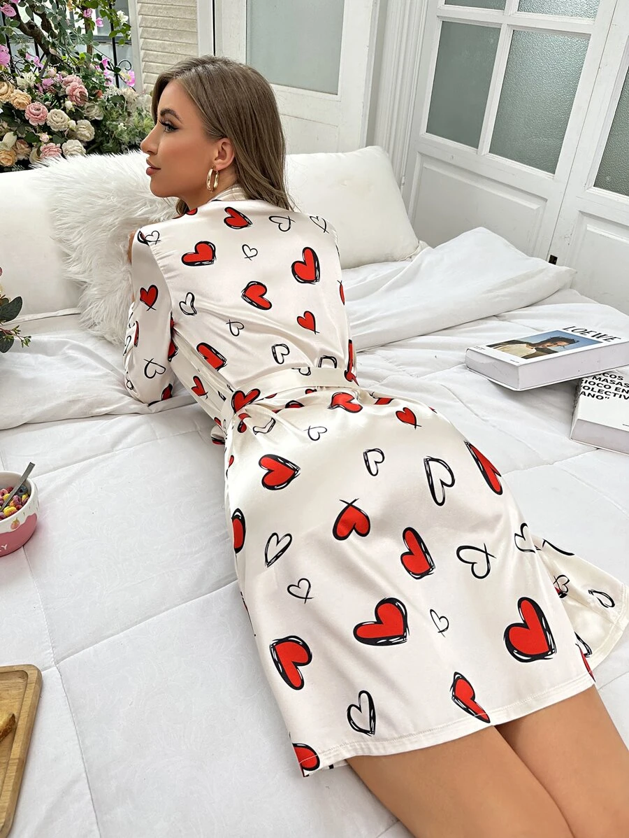 愛心圖案腰帶緞面睡裙