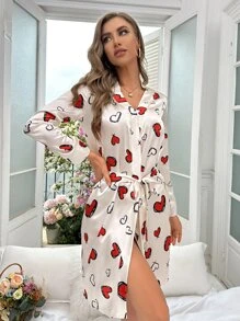 愛心圖案腰帶緞面睡裙