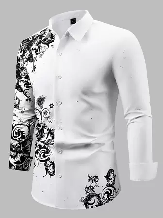 Camisa de mangas largas entallada con botones y cuello para hombre con estampado barroco y bloqueo de colores gráficos
