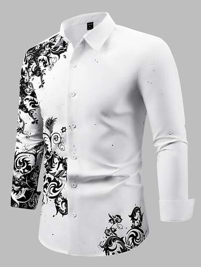 Chemise graphique à manches longues, col boutonné, coupe slim, imprimé baroque, blocs de couleurs, automne pour hommes
