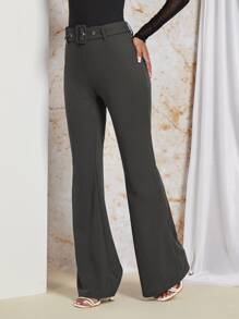 Firerie 素色喇叭腰帶長褲 - 深灰色 - 查看 3