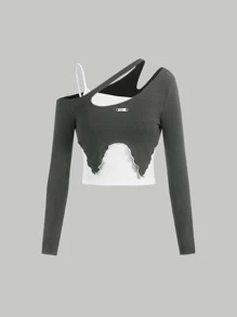 SHEIN MOD Camiseta 2 en 1 de color combinado de cuello asimétrico - Gris Oscuro - Ver 1