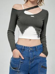 SHEIN MOD Camiseta 2 en 1 de color combinado de cuello asimétrico - Gris Oscuro - Ver 2