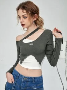 SHEIN MOD Camiseta 2 en 1 de color combinado de cuello asimétrico - Gris Oscuro - Ver 4