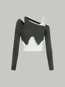 SHEIN MOD Camiseta 2 en 1 de color combinado de cuello asimétrico - Gris Oscuro - Ver 6