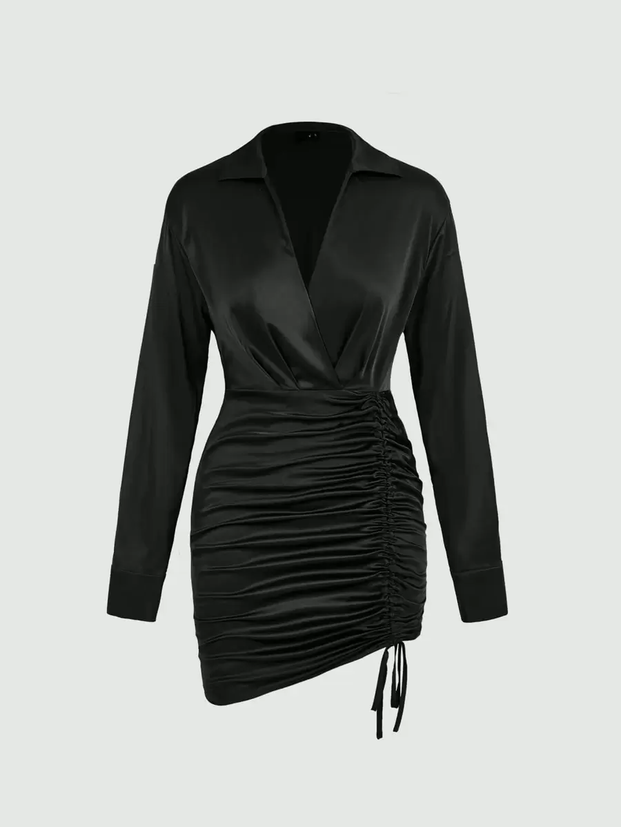 SHEIN MOD Vestido con cordón fruncido de cuello cruzado - Negro - Ver 1