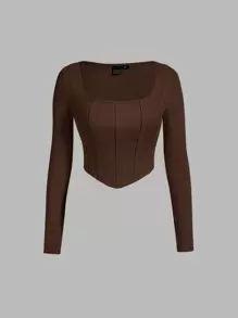 SHEIN MOD Áo thun nữ Bất đối xứng màu trơn Giải trí - Cà phê nâu - Xem 1