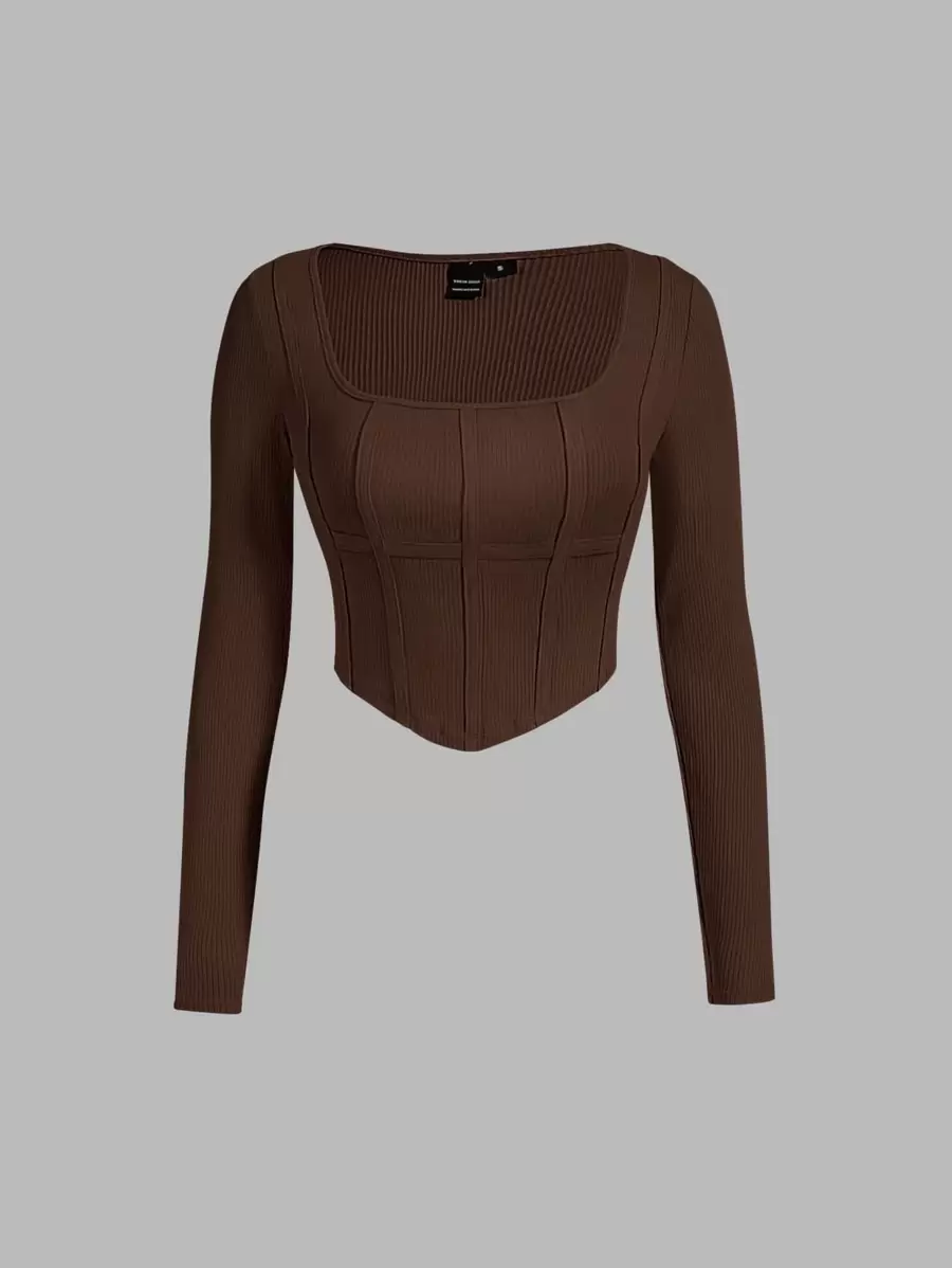 SHEIN MOD Áo thun nữ Bất đối xứng màu trơn Giải trí - Cà phê nâu - Xem 1