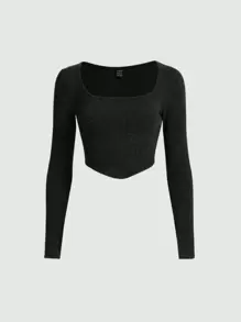 SHEIN MOD 大圓領不對稱下擺短款T恤 - 黑色 - 查看 1