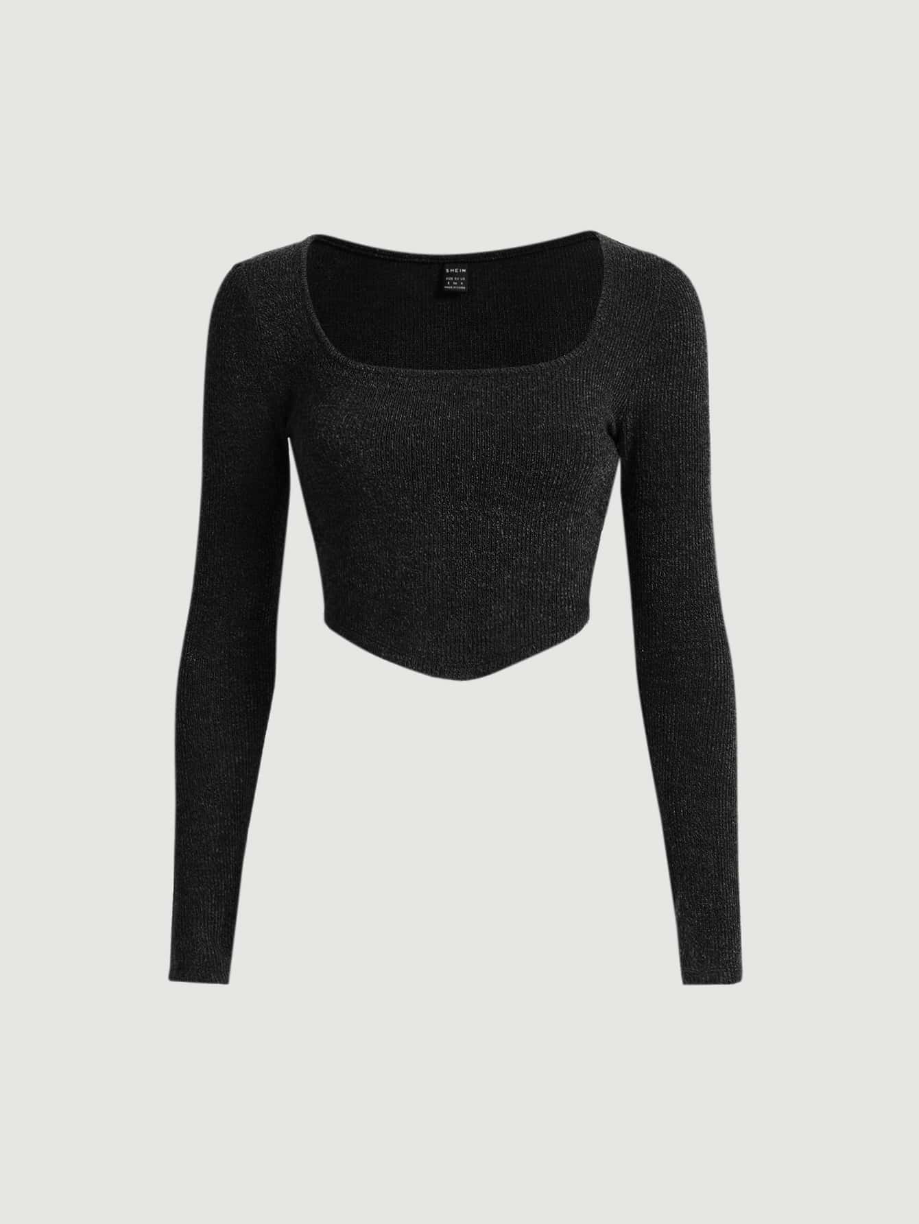 SHEIN MOD 大圓領不對稱下擺短款T恤 - 黑色 - 查看 1