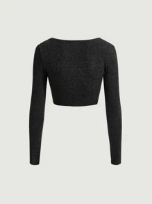 SHEIN MOD 大圓領不對稱下擺短款T恤 - 黑色 - 查看 2