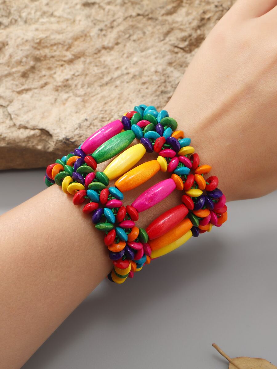 1入組木珠彈性手鍊（手工，珠子顏色隨機） - 彩色 - 查看 1