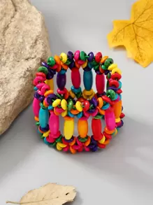 1入組木珠彈性手鍊（手工，珠子顏色隨機） - 彩色 - 查看 4