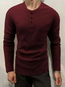 Manfinity Homme Loose Fit Men's Solid Waffle Knit Long Sleeve T-Shirt - Burgundy - View 1