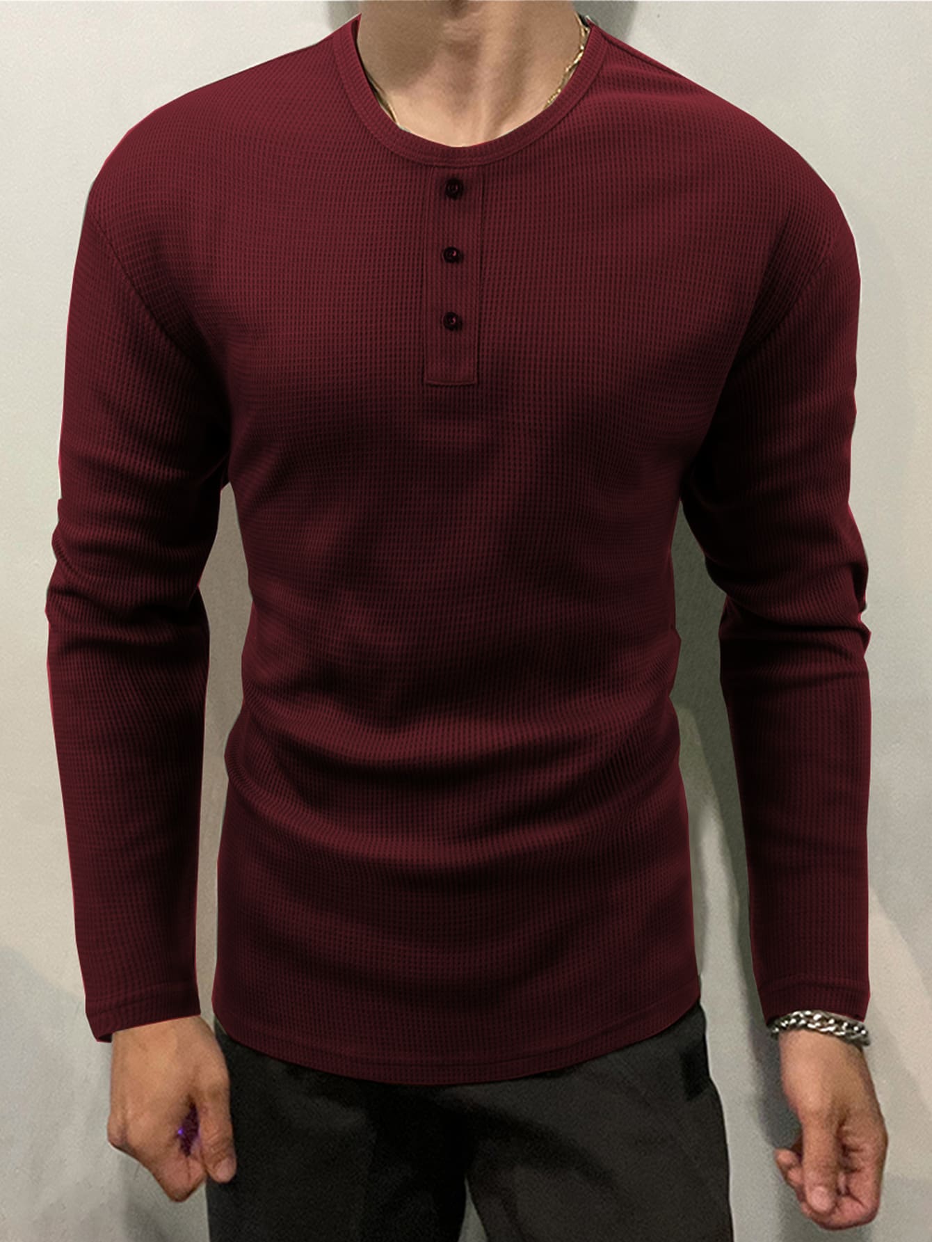 Manfinity Homme Loose Fit Men's Solid Waffle Knit Long Sleeve T-Shirt - Burgundy - View 1