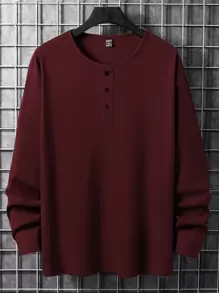 Manfinity Homme Loose Fit Men's Solid Waffle Knit Long Sleeve T-Shirt - Burgundy - View 3