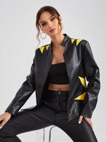 Ardena Geo Print Zip Up PU Leather Jacket - Black - View 1