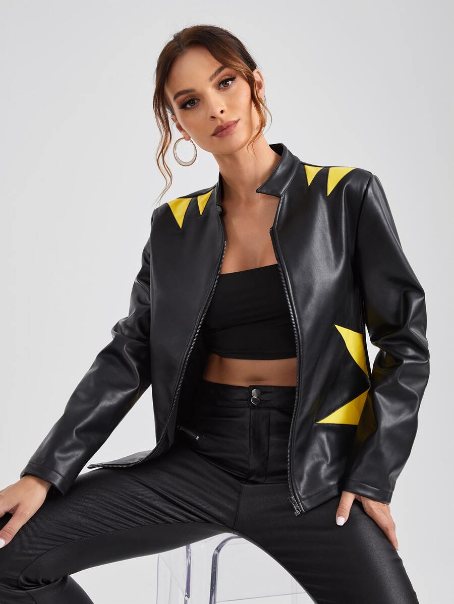 Ardena Geo Print Zip Up PU Leather Jacket - Black - View 1