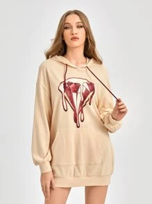 Five Karats Diamond Print Drop Shoulder Drawstring Hoodie Dress - Apricot - View 5