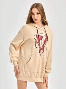 Five Karats Diamond Print Drop Shoulder Drawstring Hoodie Dress - Apricot - View 6