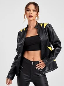 Ardena Geo Print Zip Up PU Leather Jacket - Black - View 4