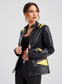 Ardena Geo Print Zip Up PU Leather Jacket - Black - View 5