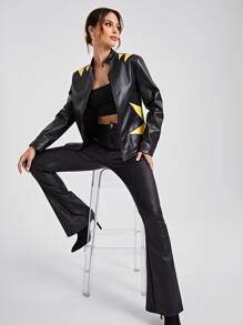 Ardena Geo Print Zip Up PU Leather Jacket - Black - View 6