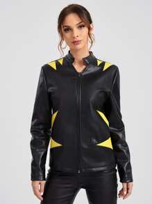 Ardena Geo Print Zip Up PU Leather Jacket - Black - View 7