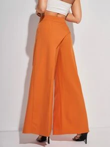 Perfect Population Designer Women Casual Solid Color High Waist Asymmetrical Wide Leg Pants, For Summer, Holiday, Festival - Orange - View 2