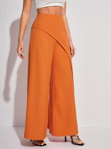 Perfect Population Designer Women Casual Solid Color High Waist Asymmetrical Wide Leg Pants, For Summer, Holiday, Festival - Orange - View 3