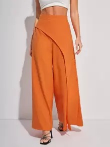 Perfect Population Designer Women Casual Solid Color High Waist Asymmetrical Wide Leg Pants, For Summer, Holiday, Festival - Orange - View 4