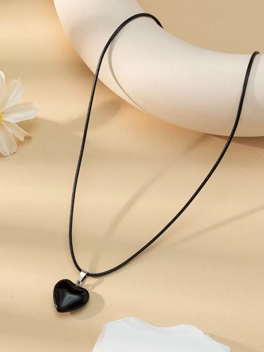 愛心掛飾項鍊 - 黑色 - 查看 1