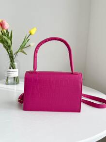Mini Neon Pink Crocodile Embossed Flap Square Bag - Hot Pink - View 2