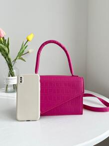Mini Neon Pink Crocodile Embossed Flap Square Bag - Hot Pink - View 4