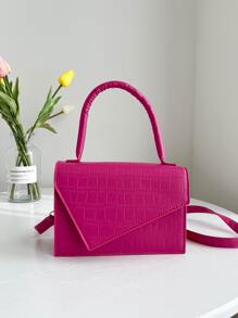 Mini Neon Pink Crocodile Embossed Flap Square Bag - Hot Pink - View 5