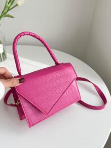 Mini Neon Pink Crocodile Embossed Flap Square Bag - Hot Pink - View 7