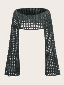 ROMWE Fairycore Summer Crochet Hollow Out Off Shoulder Trumpet Sleeve Crop Sweater - Dark Grey - View 5