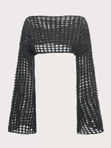 ROMWE Fairycore Summer Crochet Hollow Out Off Shoulder Trumpet Sleeve Crop Sweater - Dark Grey - View 2